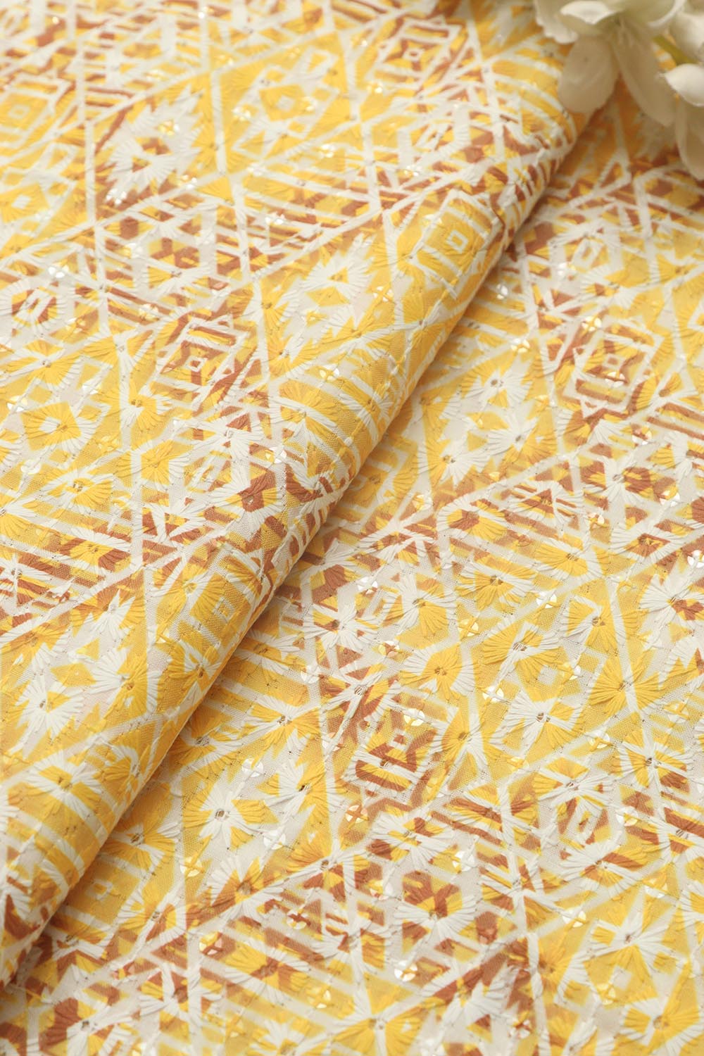 Yellow Digital Printed Chikankari Cotton Sequins Work Fabric ( 1 Mtr ) - Luxurion World