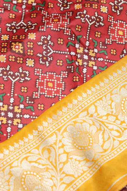 Maroon Digital Printed Patola Design Tussar Silk Fabric With Banarasi Border ( 1 Mtr ) - Luxurion World