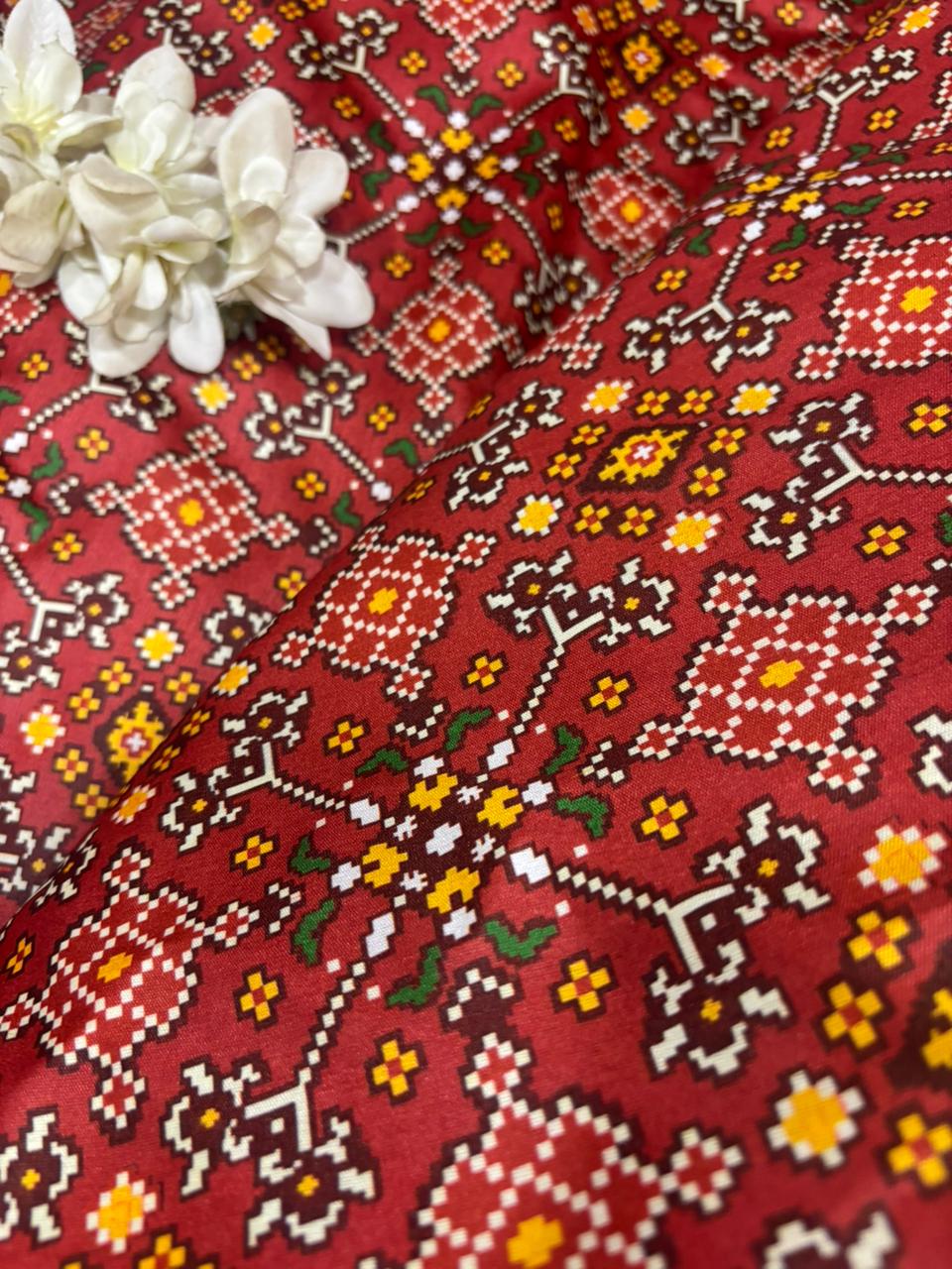 Maroon Digital Printed Tussar Silk Patola Design Fabric ( 1 Mtr ) - Luxurion World