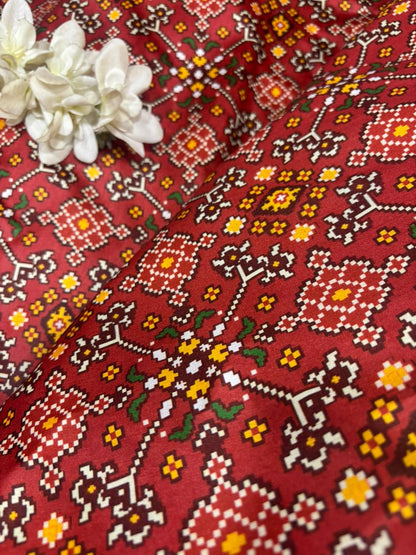 Maroon Digital Printed Tussar Silk Patola Design Fabric ( 1 Mtr ) - Luxurion World