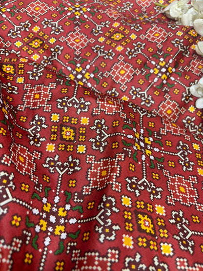 Maroon Digital Printed Tussar Silk Patola Design Fabric ( 1 Mtr ) - Luxurion World