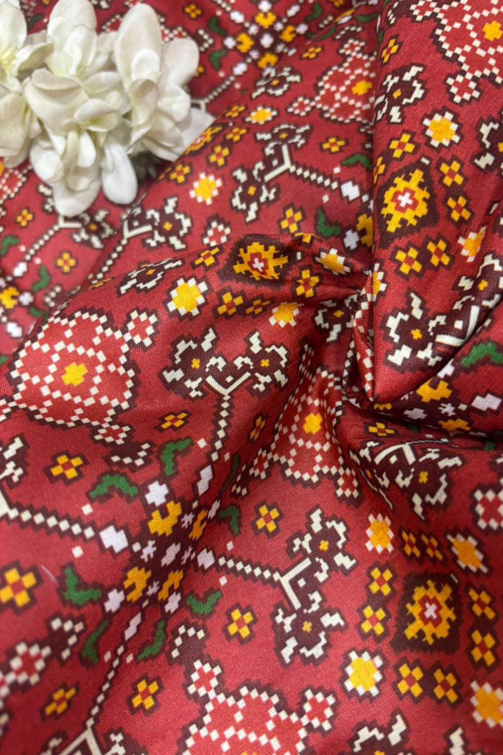 Maroon Digital Printed Tussar Silk Patola Design Fabric ( 1 Mtr ) - Luxurion World