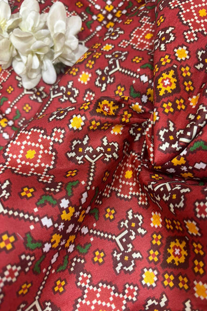 Maroon Digital Printed Tussar Silk Patola Design Fabric ( 1 Mtr ) - Luxurion World