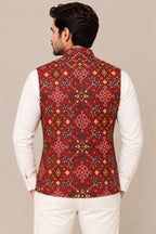 Maroon Digital Print Tussar Silk Nehru Jacket Patola Design Festive