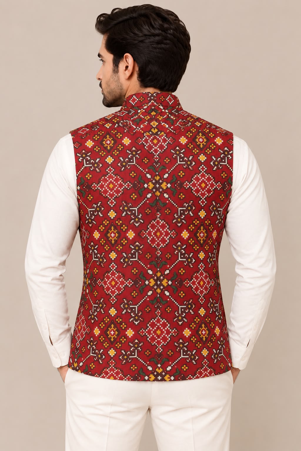 Maroon Digital Print Tussar Silk Nehru Jacket Patola Design Festive