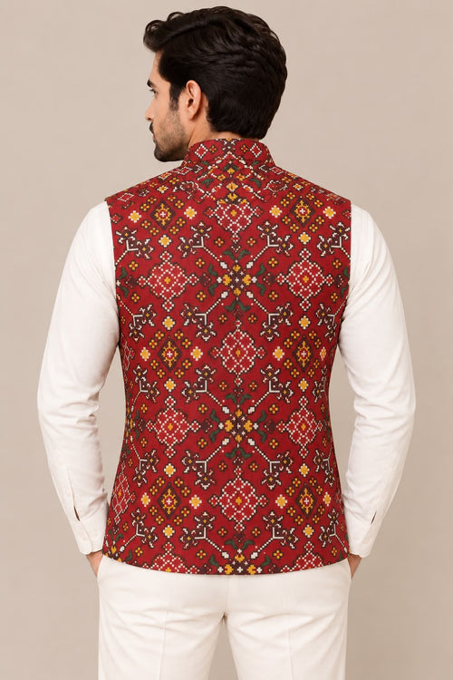 Maroon Patola Design Digital Printed Tussar Silk Nehru Jacket