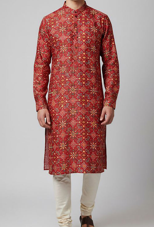 Stunning Maroon Digital Printed Tussar Silk Patola Design Kurta - Luxurion World