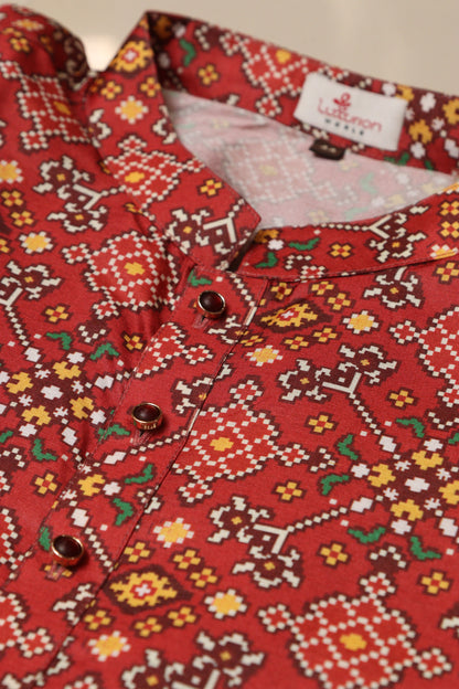 Stunning Maroon Digital Printed Tussar Silk Patola Design Kurta - Luxurion World