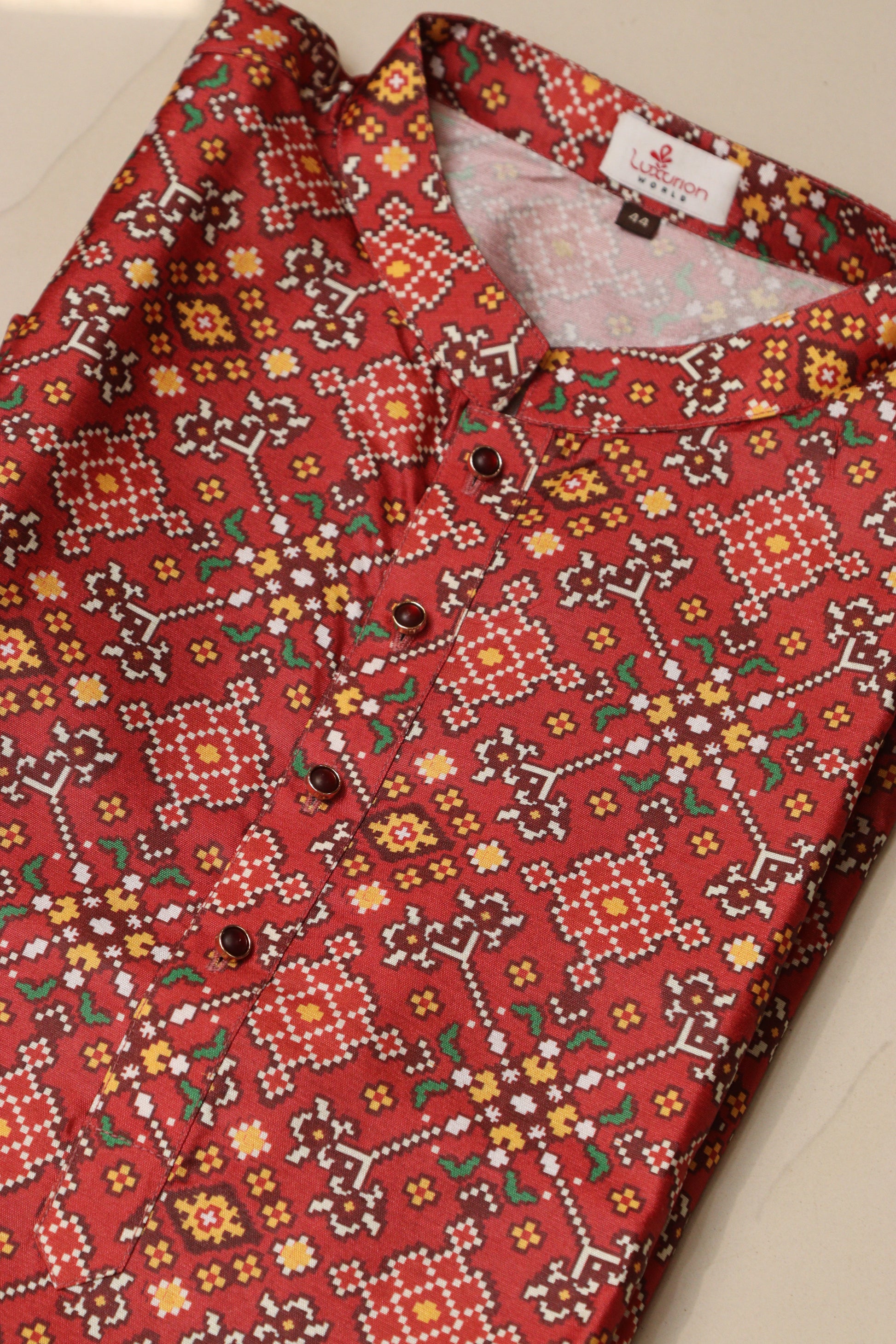 Stunning Maroon Digital Printed Tussar Silk Patola Design Kurta - Luxurion World