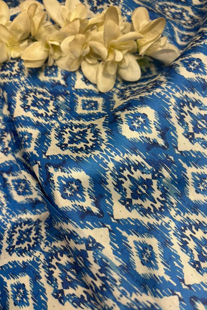 Blue Digital Printed Tussar Silk Ikat Design Fabric ( 1 Mtr ) - Luxurion World