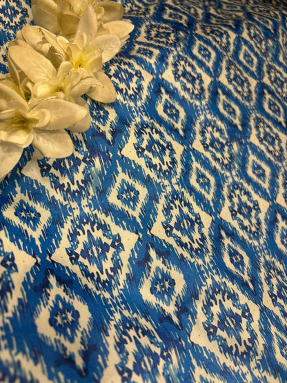 Blue Digital Printed Tussar Silk Ikat Design Fabric ( 1 Mtr ) - Luxurion World