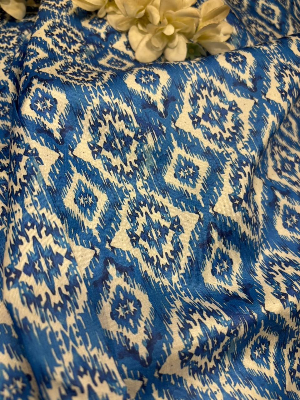 Blue Digital Printed Tussar Silk Ikat Design Fabric ( 1 Mtr ) - Luxurion World