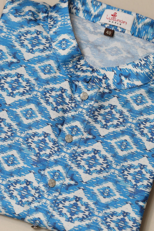 Blue Digital Printed Tussar Silk Ikat Design Kurta - Luxurion World