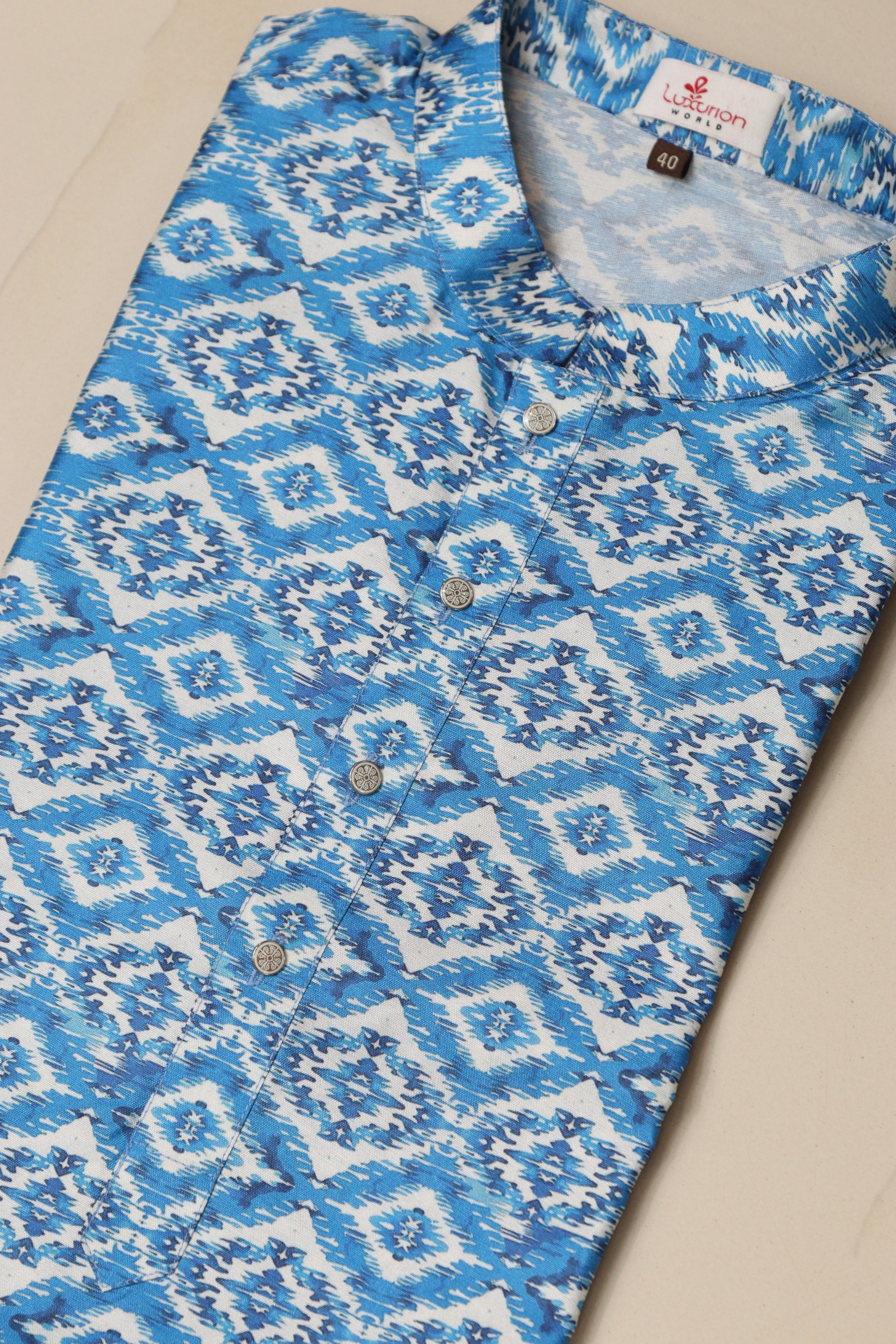 Blue Digital Printed Tussar Silk Ikat Design Kurta - Luxurion World