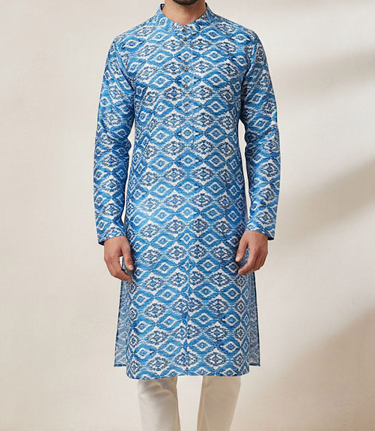 Blue Digital Printed Tussar Silk Ikat Design Kurta - Luxurion World