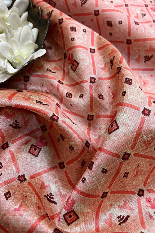 Pink Digital Printed Patola Design Tussar Silk Fabric ( 2.5 Mtr ) - Luxurion World