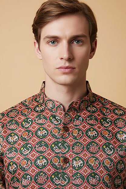 Red Digital Printed Patola Design Tussar Silk Kurta - Luxurion World