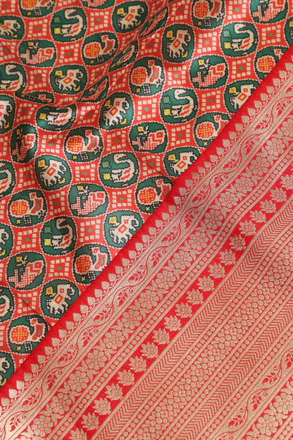 Red Digital Printed Patola Design Tussar Silk Fabric With Banarasi Border ( 1 Mtr ) - Luxurion World