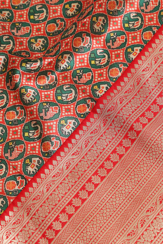 Red Digital Printed Patola Design Tussar Silk Fabric With Banarasi Border ( 1 Mtr ) - Luxurion World