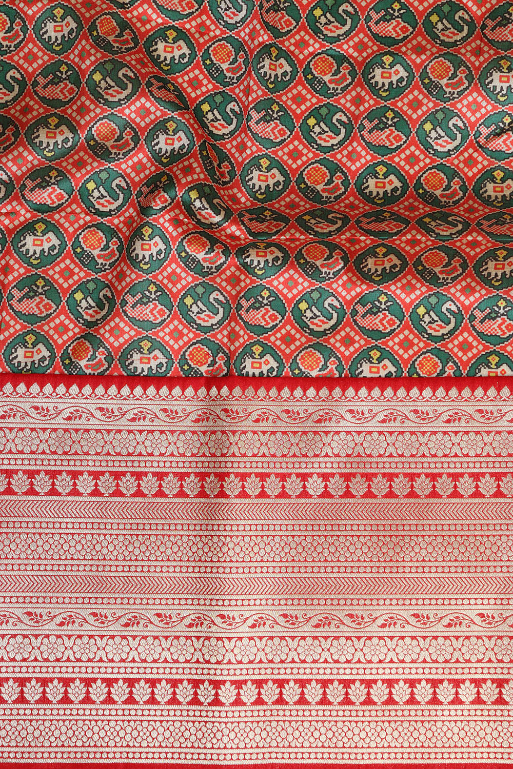 Red Digital Printed Patola Design Tussar Silk Fabric With Banarasi Border ( 1 Mtr ) - Luxurion World