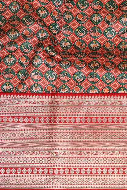Red Digital Printed Patola Design Tussar Silk Fabric With Banarasi Border ( 1 Mtr ) - Luxurion World