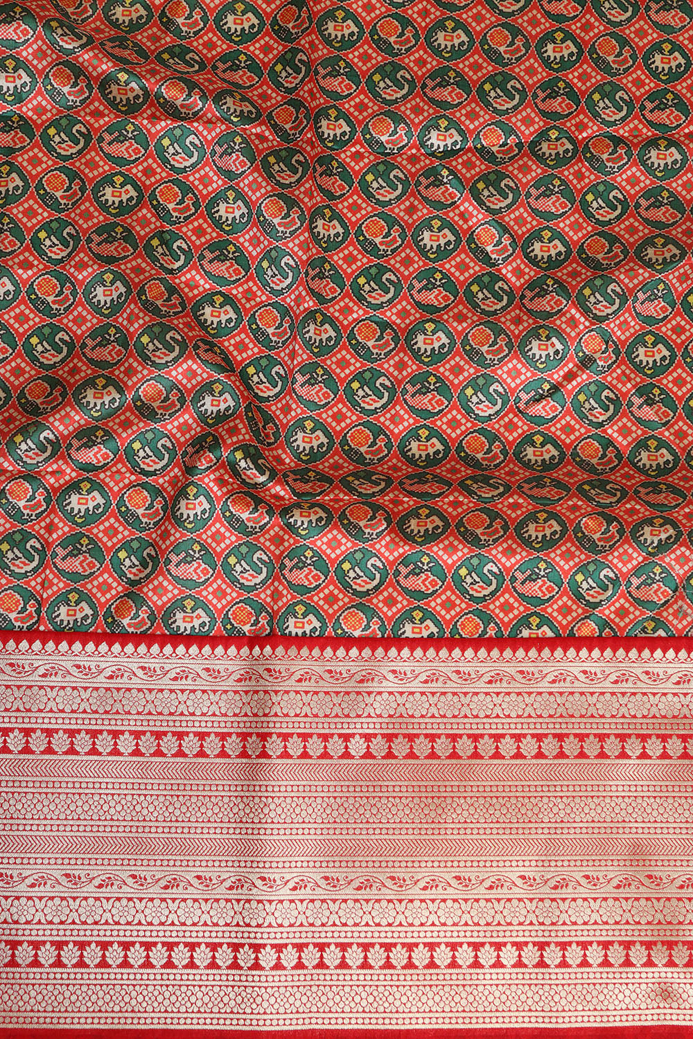 Red Digital Printed Patola Design Tussar Silk Fabric With Banarasi Border ( 1 Mtr ) - Luxurion World