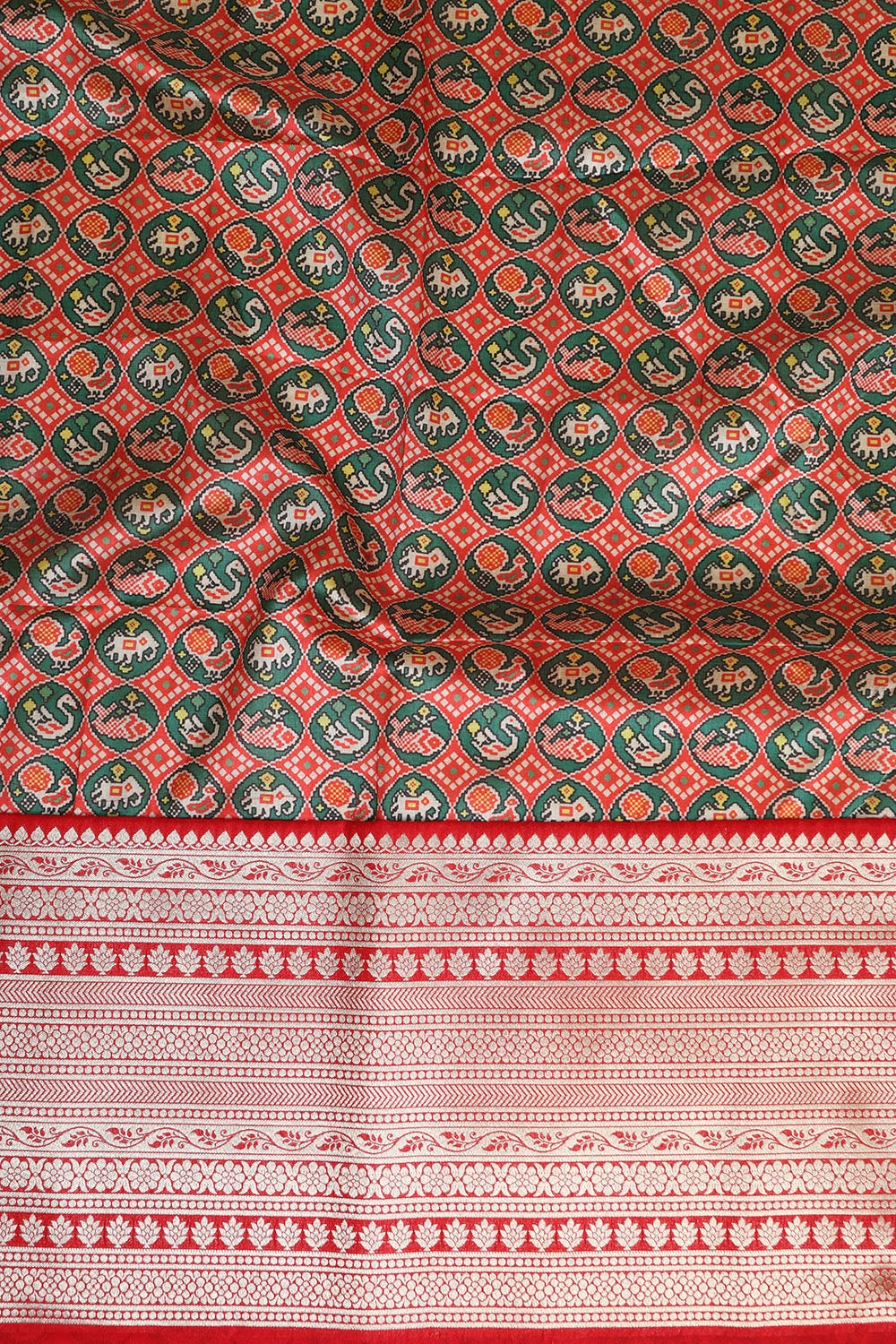 Red Digital Printed Patola Design Tussar Silk Fabric With Banarasi Border ( 1 Mtr ) - Luxurion World