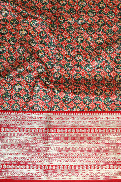 Red Digital Printed Patola Design Tussar Silk Fabric With Banarasi Border ( 1 Mtr ) - Luxurion World
