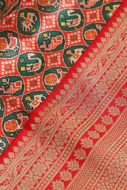 Red Digital Printed Patola Design Tussar Silk Fabric With Banarasi Border ( 1 Mtr ) - Luxurion World