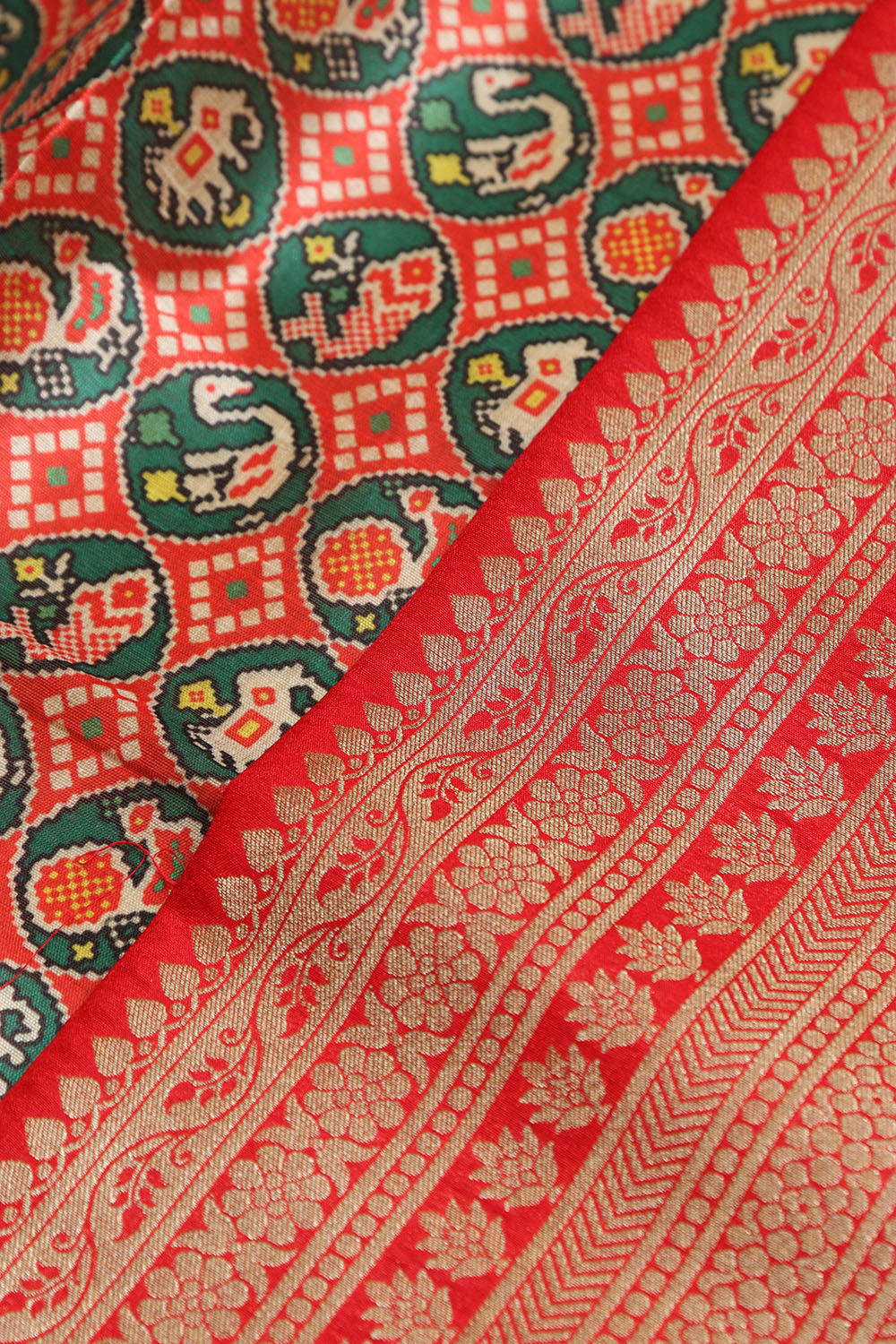 Red Digital Printed Patola Design Tussar Silk Fabric With Banarasi Border ( 1 Mtr ) - Luxurion World