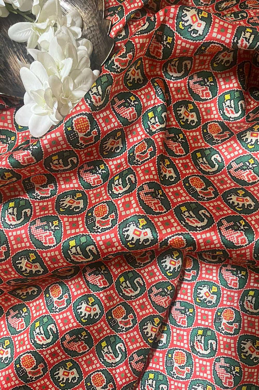 Red Digital Printed Patola Design Tussar Silk Fabric ( 1 Mtr )