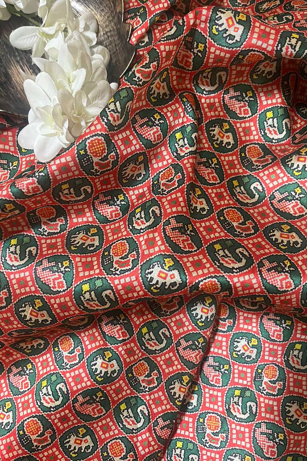 Red Digital Printed Patola Design Tussar Silk Fabric ( 1 Mtr ) - Luxurion World