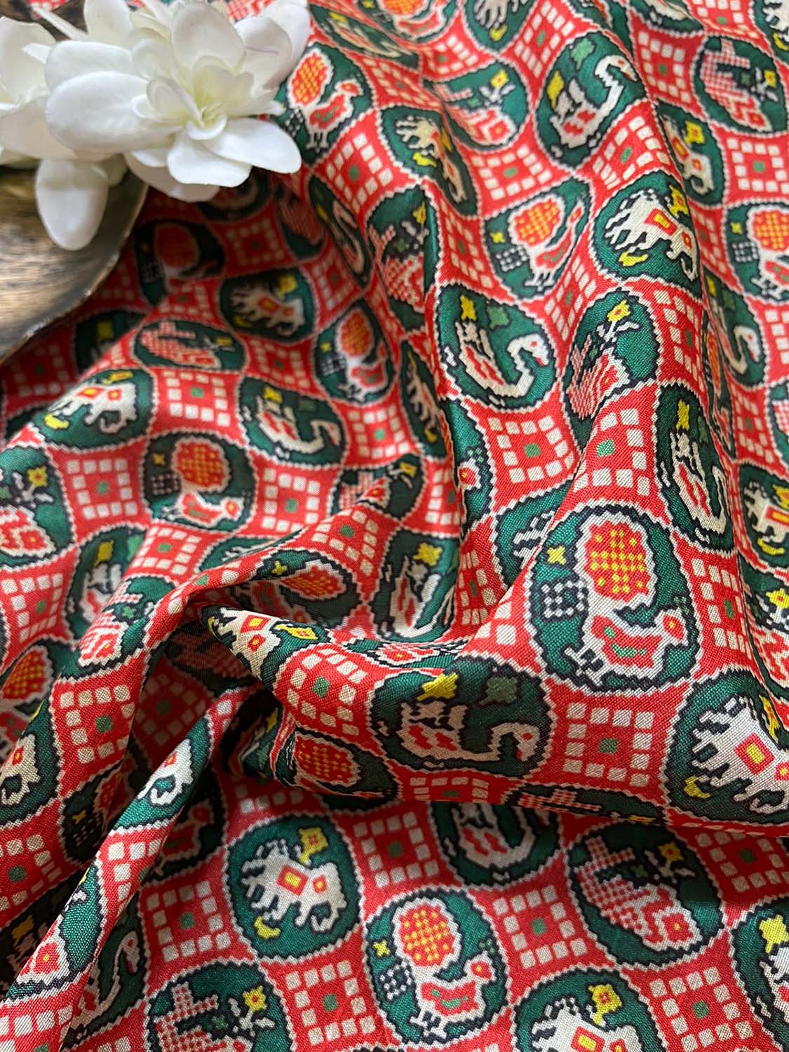 Red Digital Printed Patola Design Tussar Silk Fabric ( 1 Mtr ) - Luxurion World