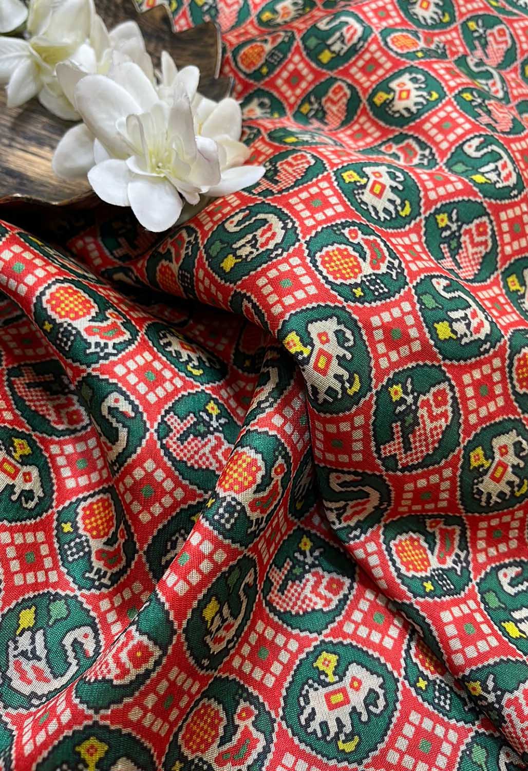 Red Digital Printed Patola Design Tussar Silk Fabric ( 1 Mtr ) - Luxurion World