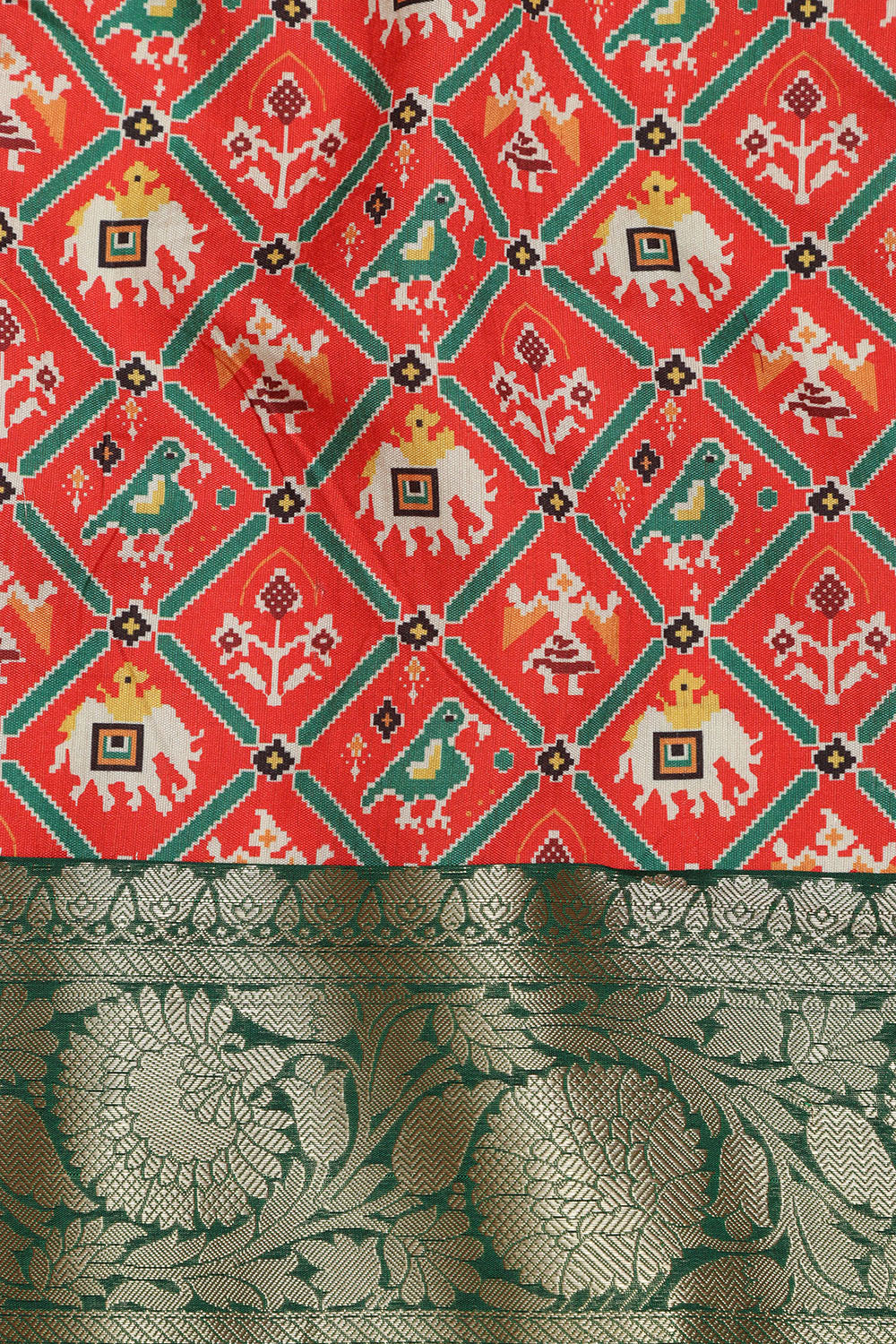 Red Digital Printed Patola Design Tussar Silk Fabric With Banarasi Border ( 1 Mtr ) - Luxurion World