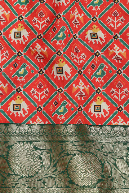 Red Digital Printed Patola Design Tussar Silk Fabric With Banarasi Border ( 1 Mtr ) - Luxurion World