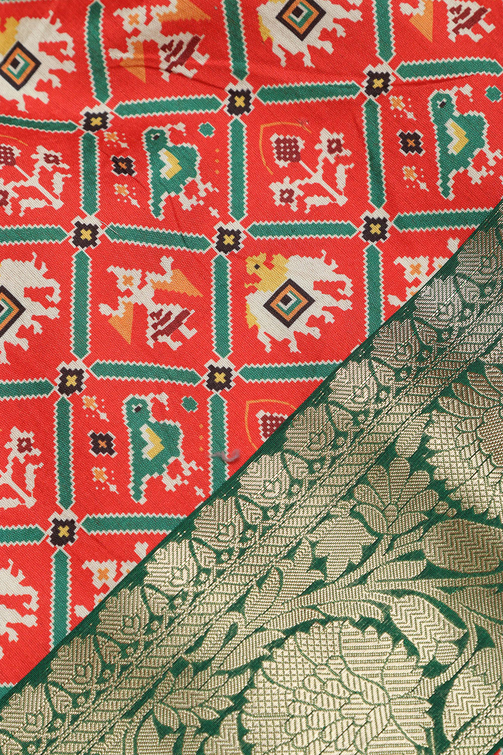 Red Digital Printed Patola Design Tussar Silk Fabric With Banarasi Border ( 1 Mtr ) - Luxurion World