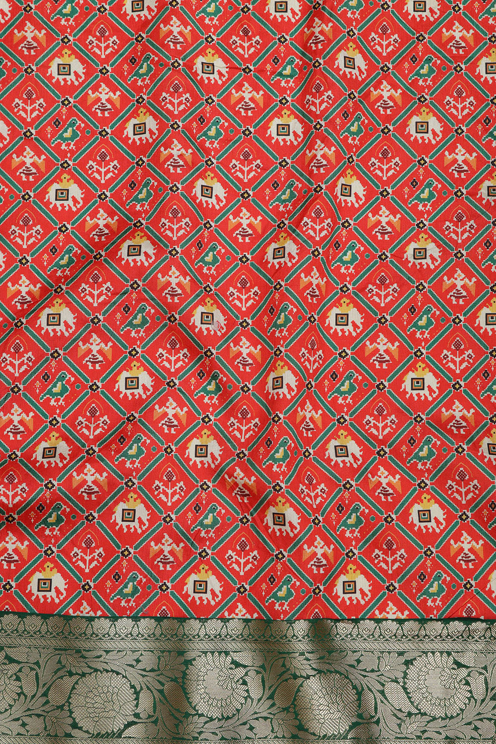 Red Digital Printed Patola Design Tussar Silk Fabric With Banarasi Border ( 1 Mtr ) - Luxurion World