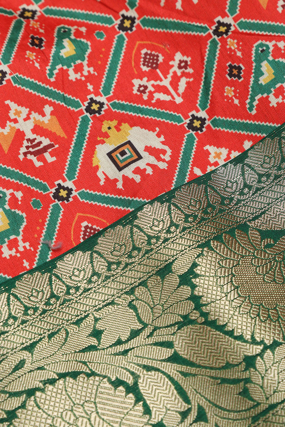 Red Digital Printed Patola Design Tussar Silk Fabric With Banarasi Border ( 1 Mtr ) - Luxurion World