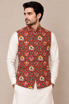 Red Digital Print Tussar Silk Nehru Jacket Patola Design Festive