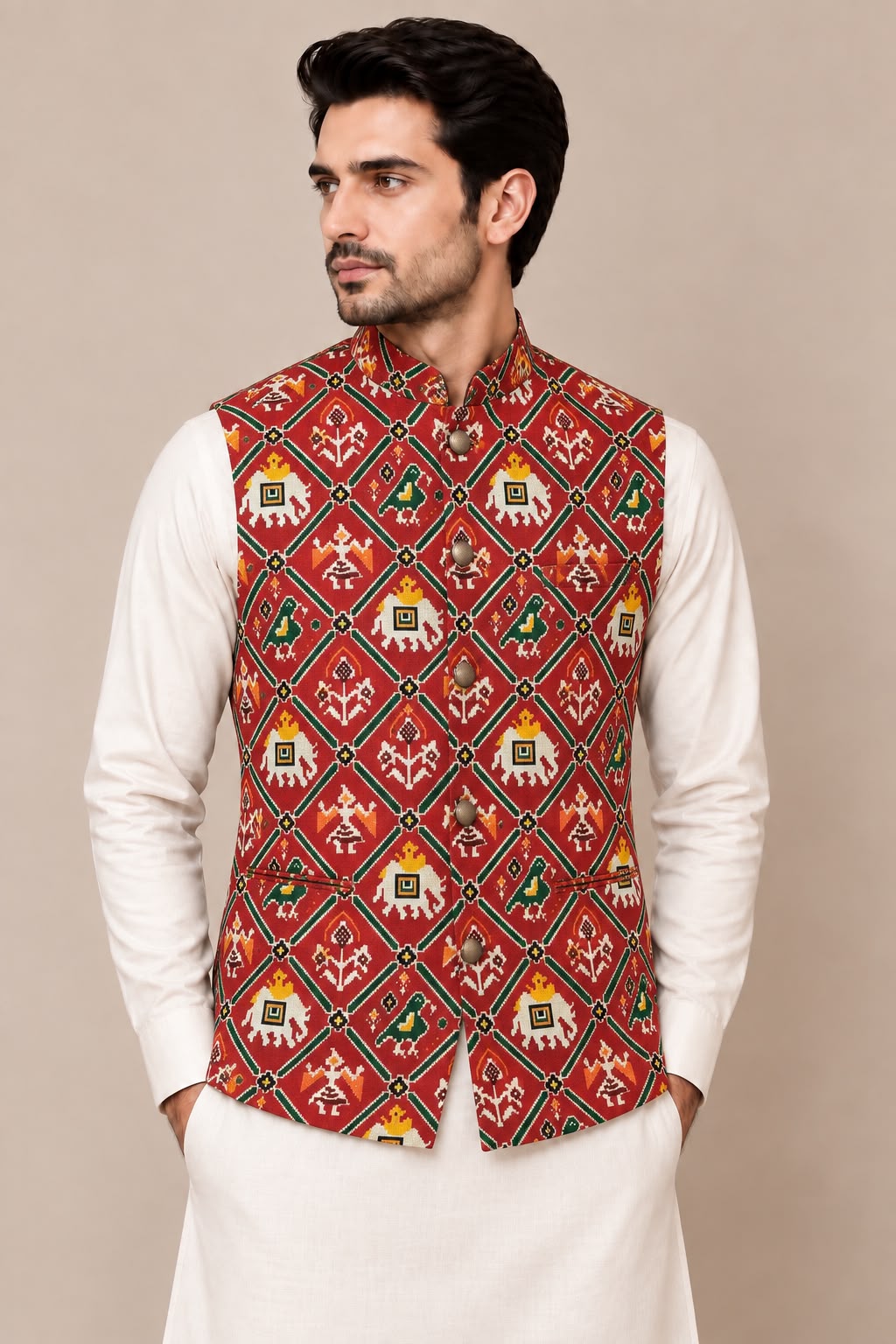 Red Digital Print Tussar Silk Nehru Jacket Patola Design Festive