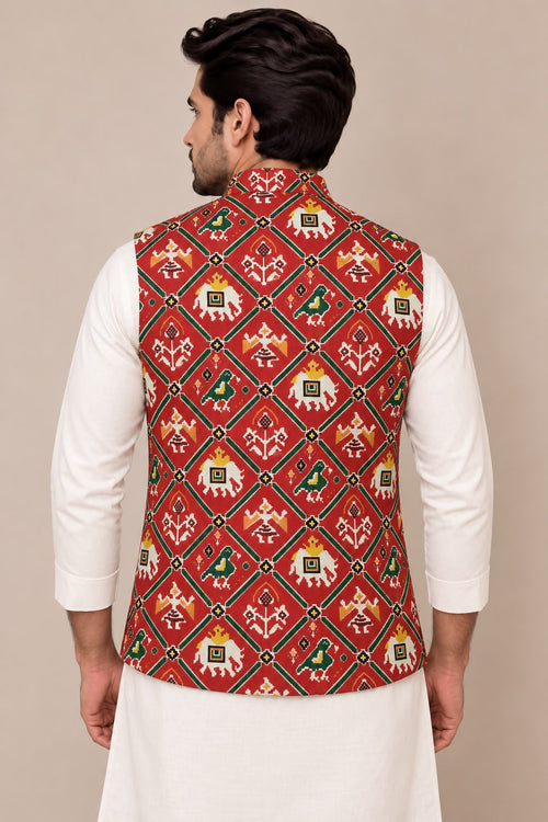 Red Digital Print Tussar Silk Nehru Jacket Patola Design Festive