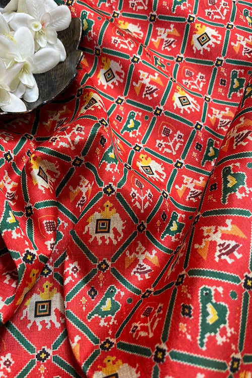 Red Digital Printed Patola Design Tussar Silk Fabric ( 1 Mtr ) - Luxurion World
