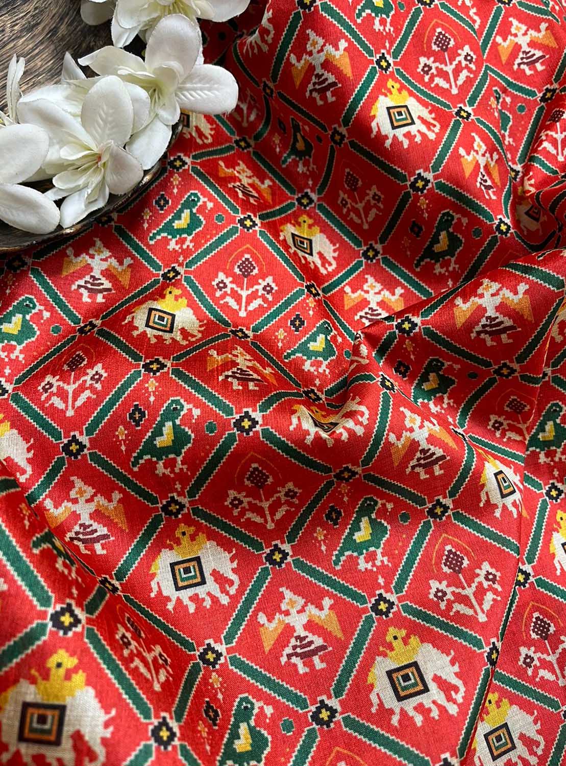 Red Digital Printed Patola Design Tussar Silk Fabric ( 1 Mtr ) - Luxurion World