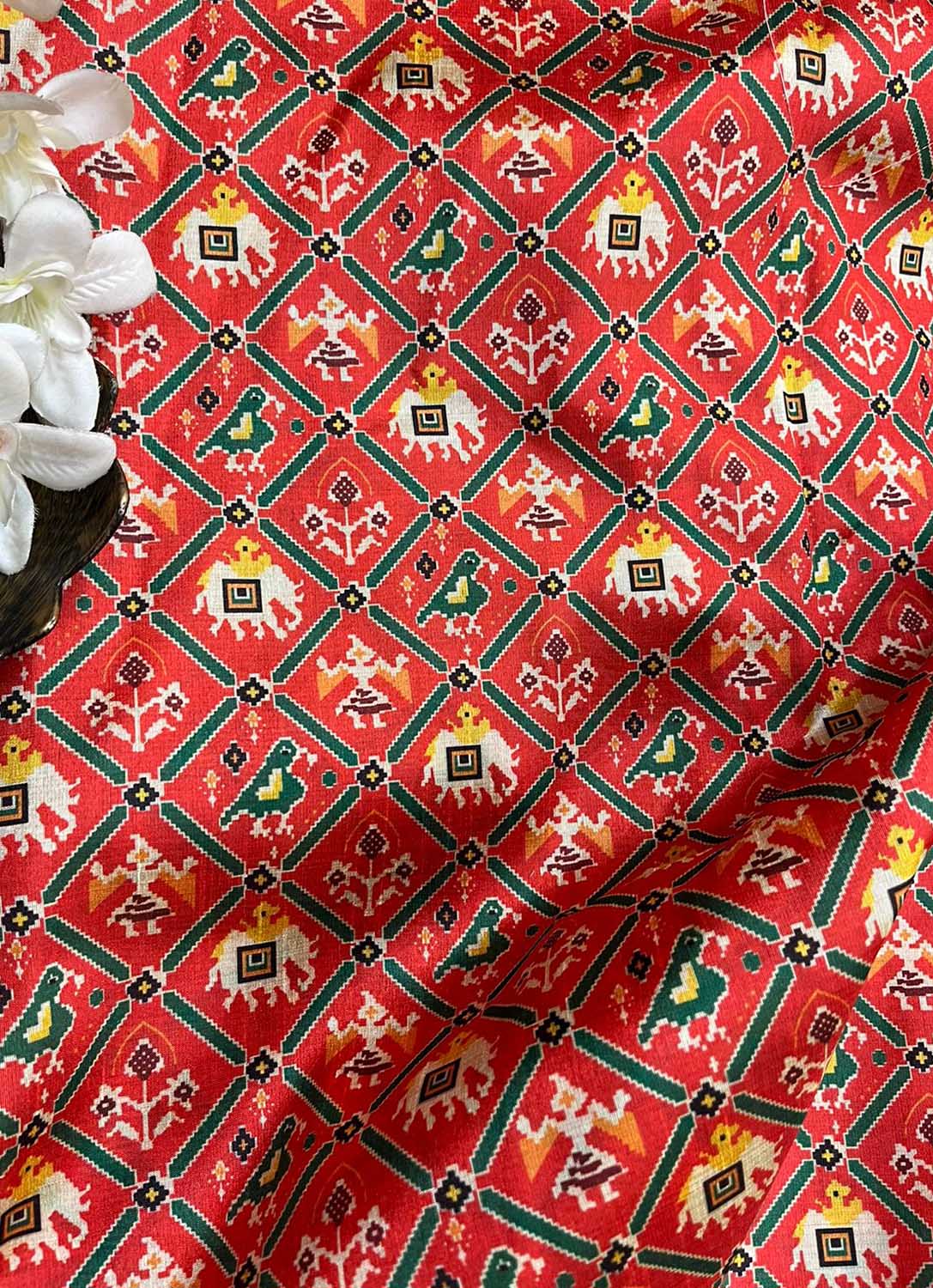 Red Digital Printed Patola Design Tussar Silk Fabric ( 1 Mtr ) - Luxurion World