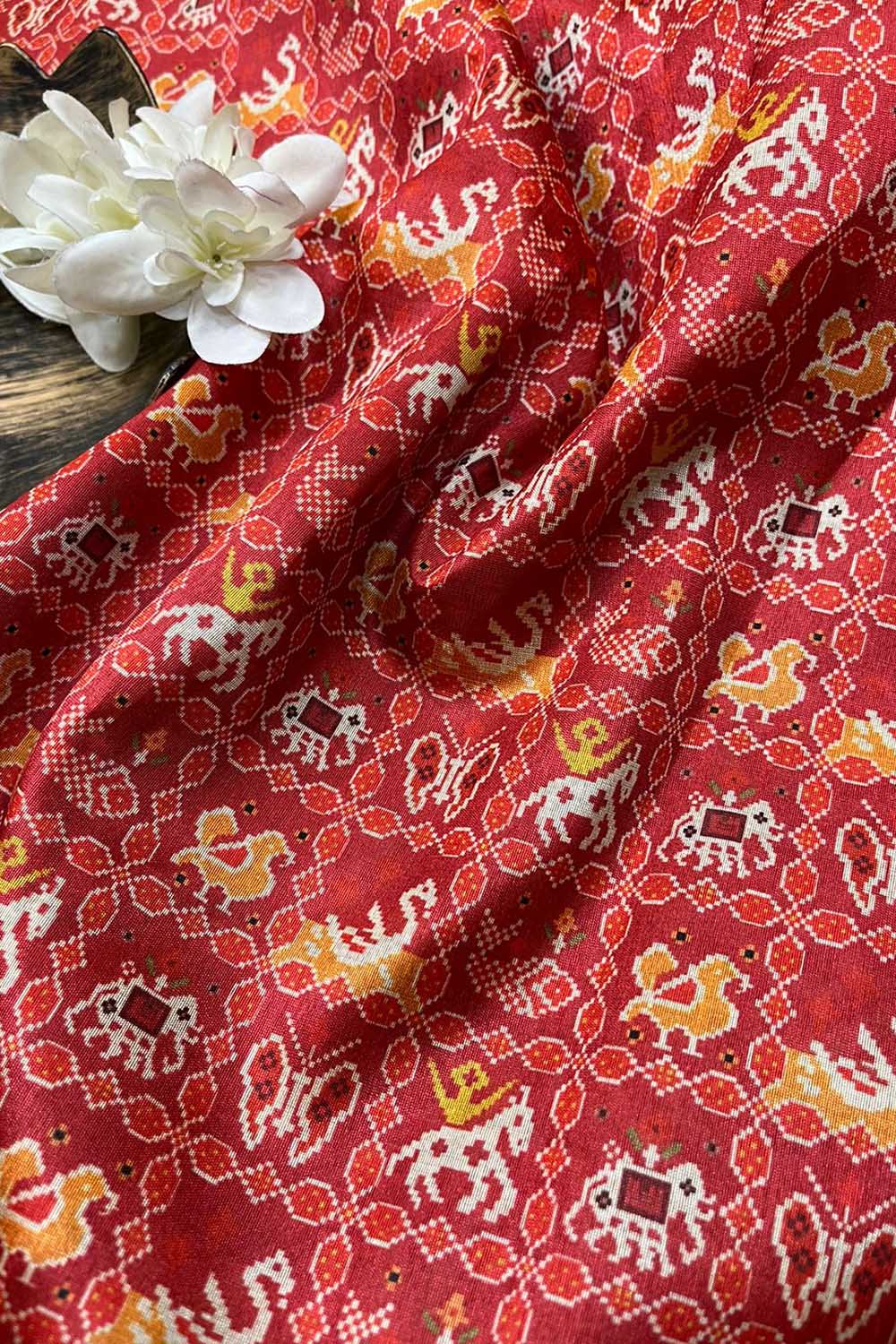 Red Digital Printed Patola Design Tussar Silk Fabric ( 1 Mtr ) - Luxurion World