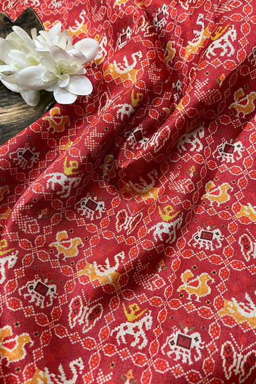 Red Digital Printed Patola Design Tussar Silk Fabric ( 1 Mtr ) - Luxurion World