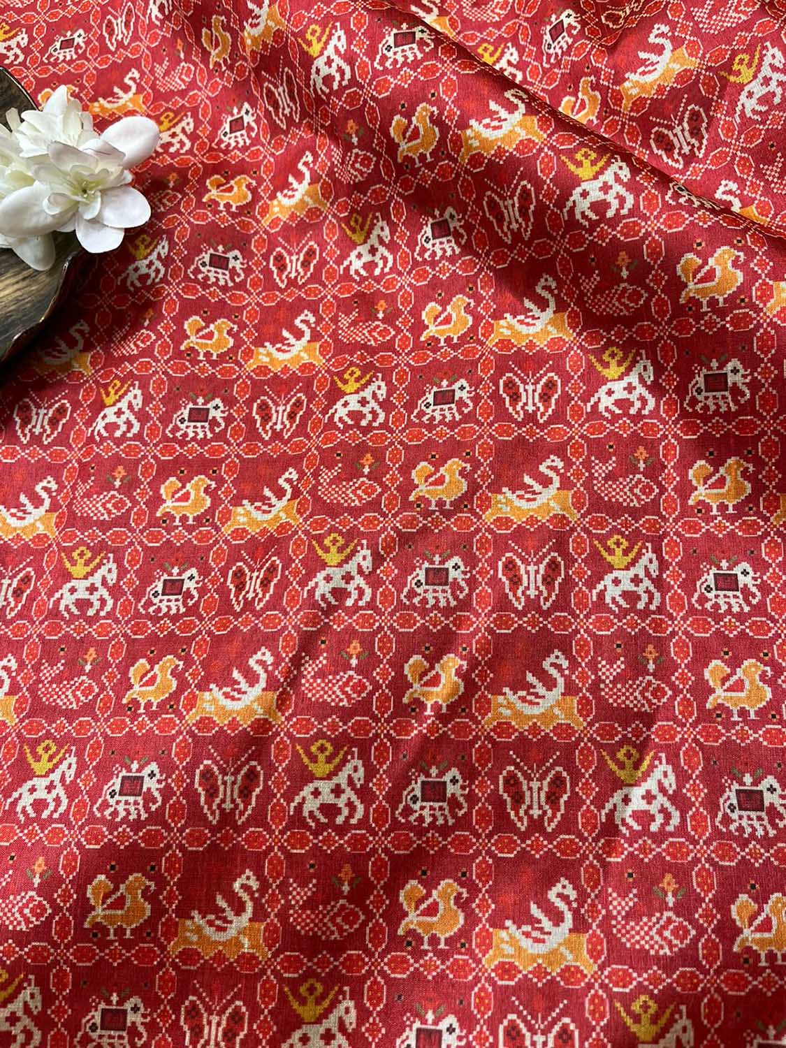 Red Digital Printed Patola Design Tussar Silk Fabric ( 1 Mtr ) - Luxurion World
