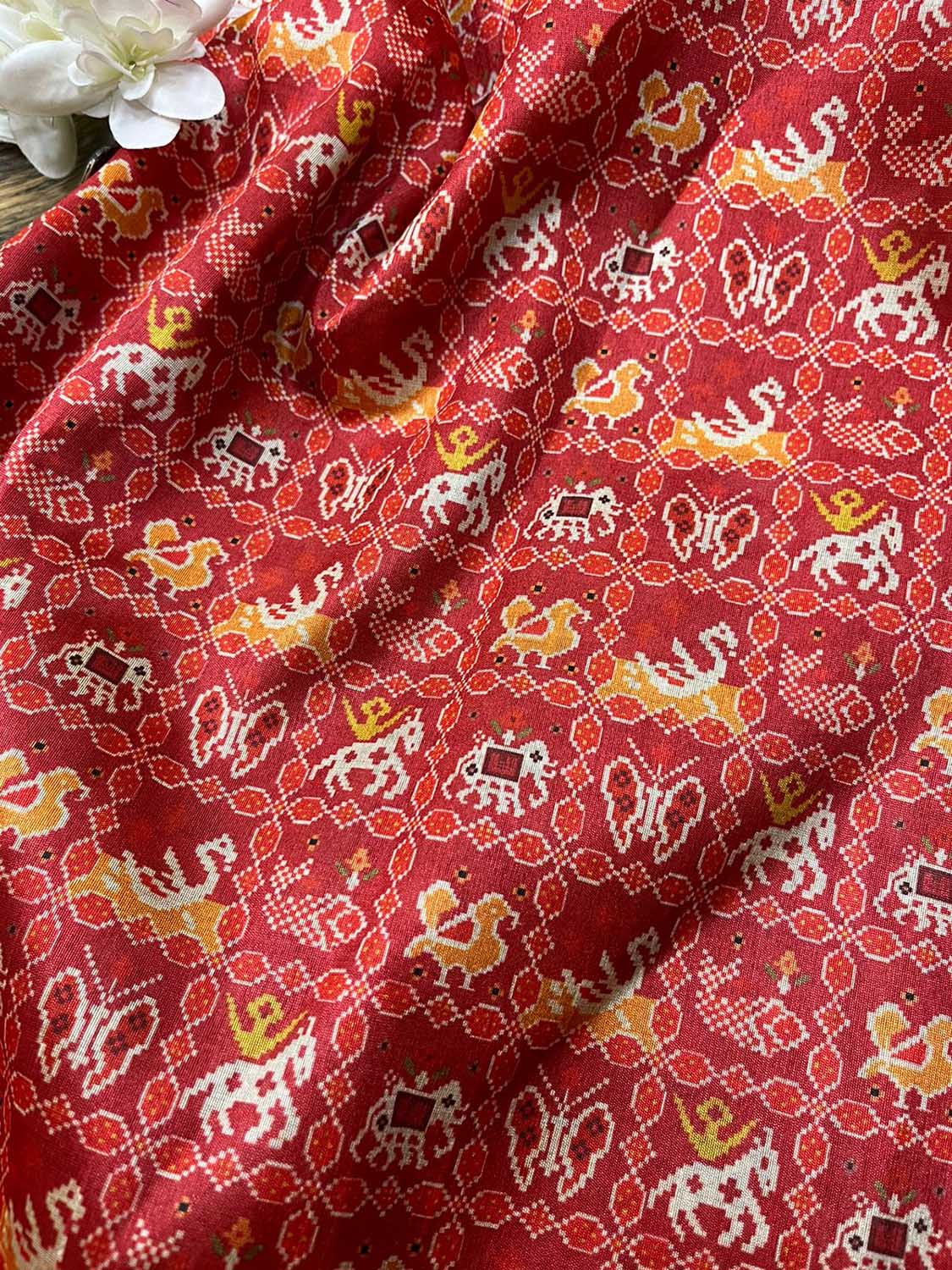 Red Digital Printed Patola Design Tussar Silk Fabric ( 1 Mtr ) - Luxurion World