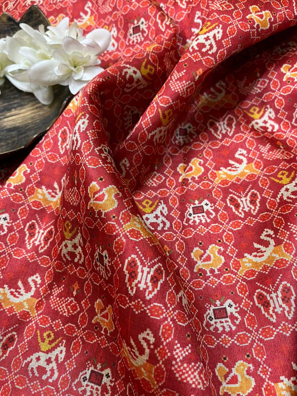 Red Digital Printed Patola Design Tussar Silk Fabric ( 1 Mtr ) - Luxurion World